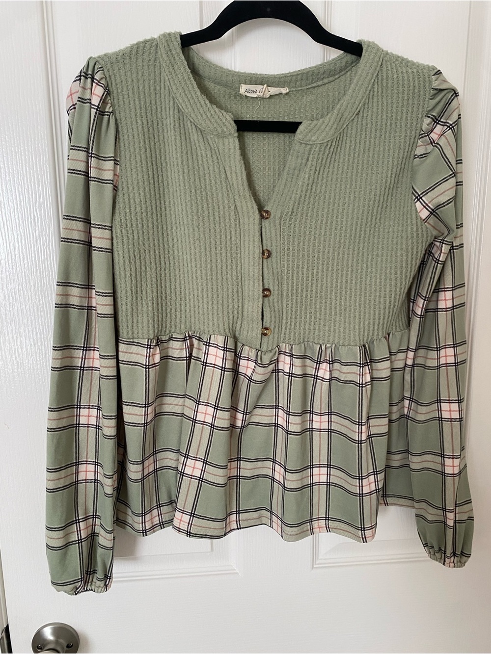 A New Day Sage Green Plaid Peplum Henley Blouse